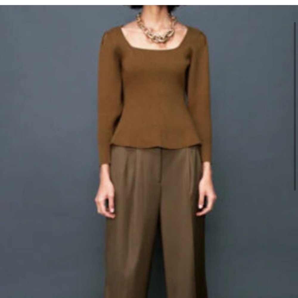 Zara brown square neck knit sweater top size medium fitted bohemian puff sleeve - Picture 3 of 14